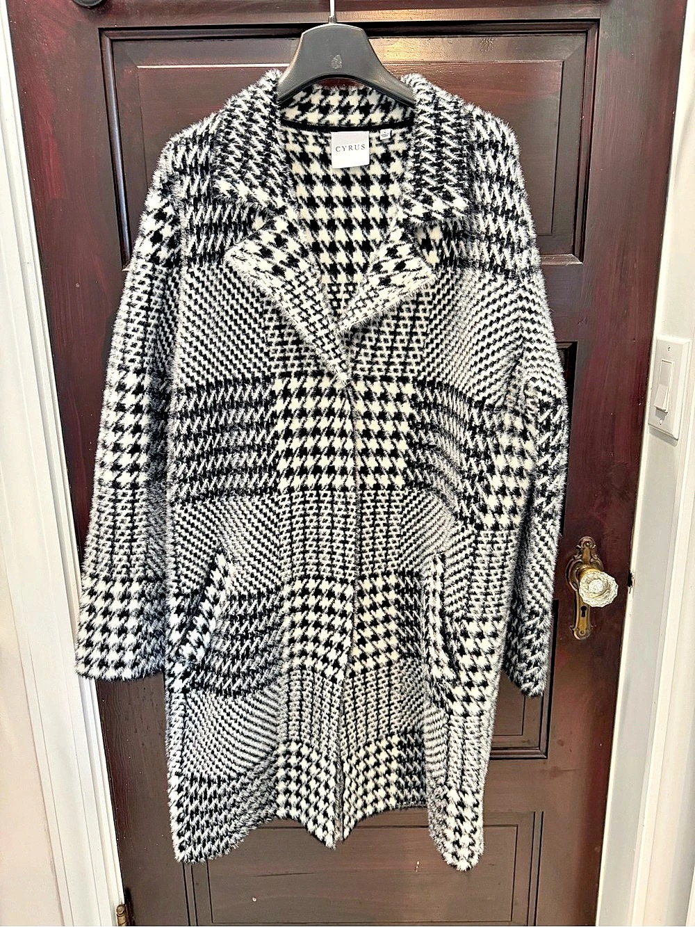 Cyrus Houndstooth Long Fuzzy Coat in Black & White